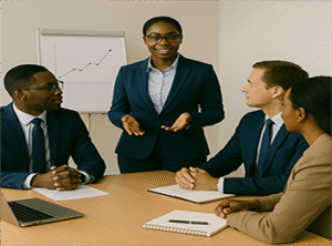 administração e gestão empresarial, com uma equipe corporativa reunida numa sala de reuniões
